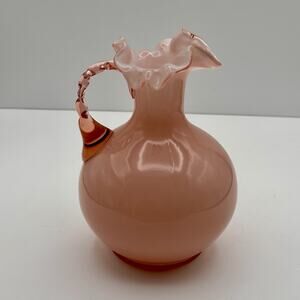 Fenton Rose Overlay 7” Handled Glass Pitcher Blush Pink Discontinued Rare EUC